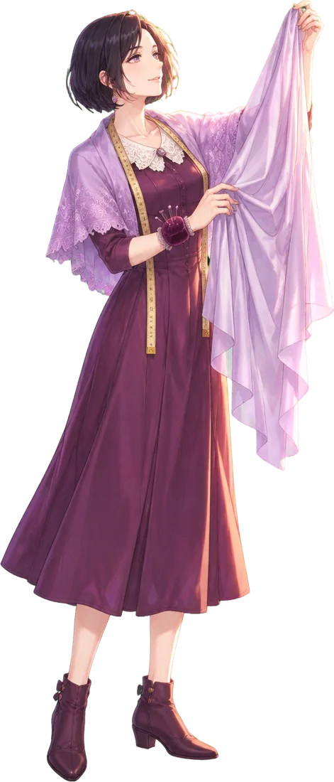 Aurore Bellac bergaun plum mengangkat selembar sutra lila ke arah cahaya.