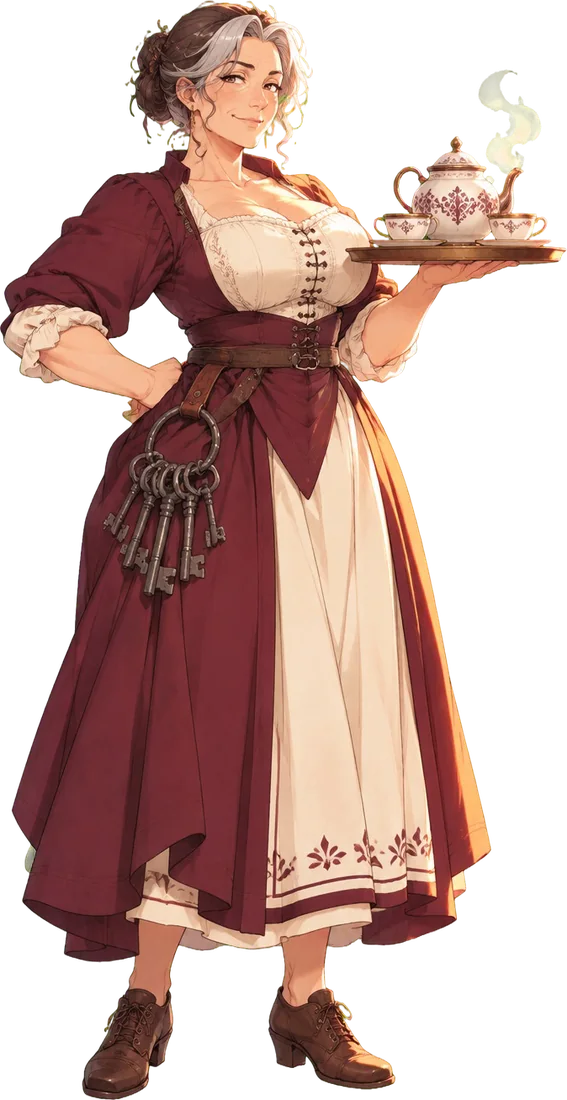 Clotilde Arnaud membawa nampan teh dengan serenteng kunci besi di pinggang.