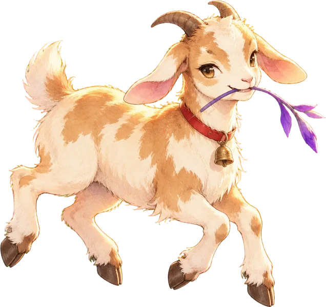 Kambing kecil berbulu krem dan karamel melompat sambil mengunyah tangkai iris.
