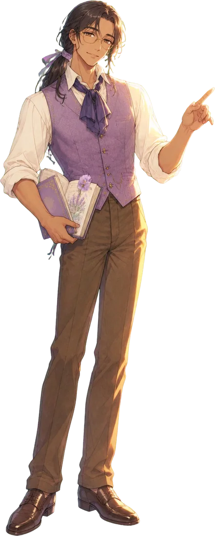 Lisandre Fontanel berompi lavender memegang buku bergambar dan menunjuk sambil tersenyum.
